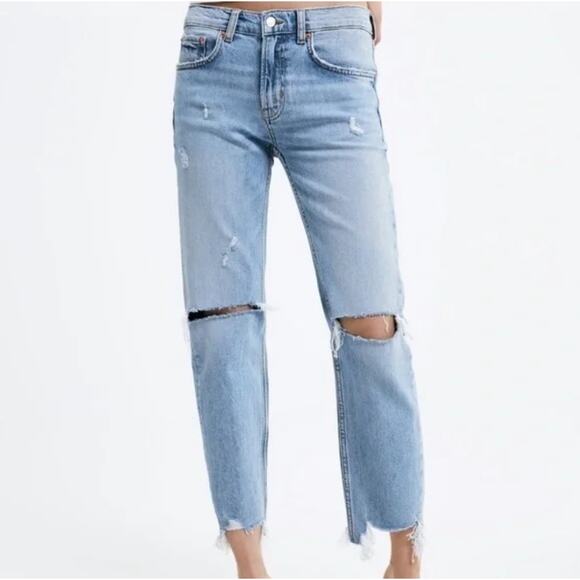 Zara Slim Boyfriend Jeans Beach Blue High Rise Destroyed Denim Straight Leg sz 2 - Picture 1 of 13